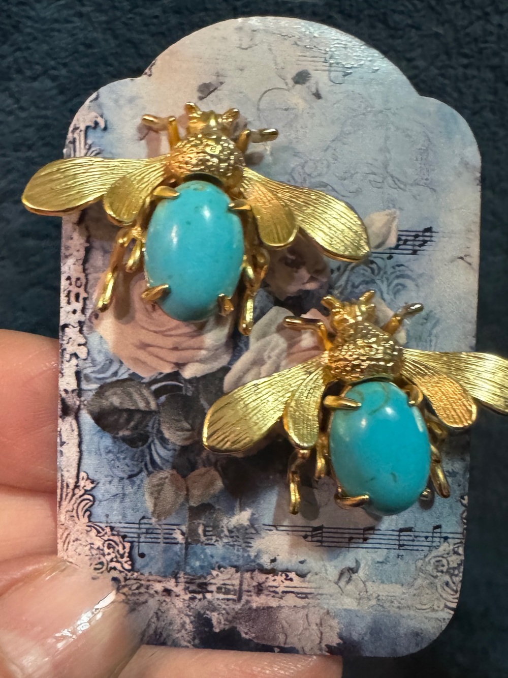 Gold Bee Brooch Pair with Turquoise Stone - Blue